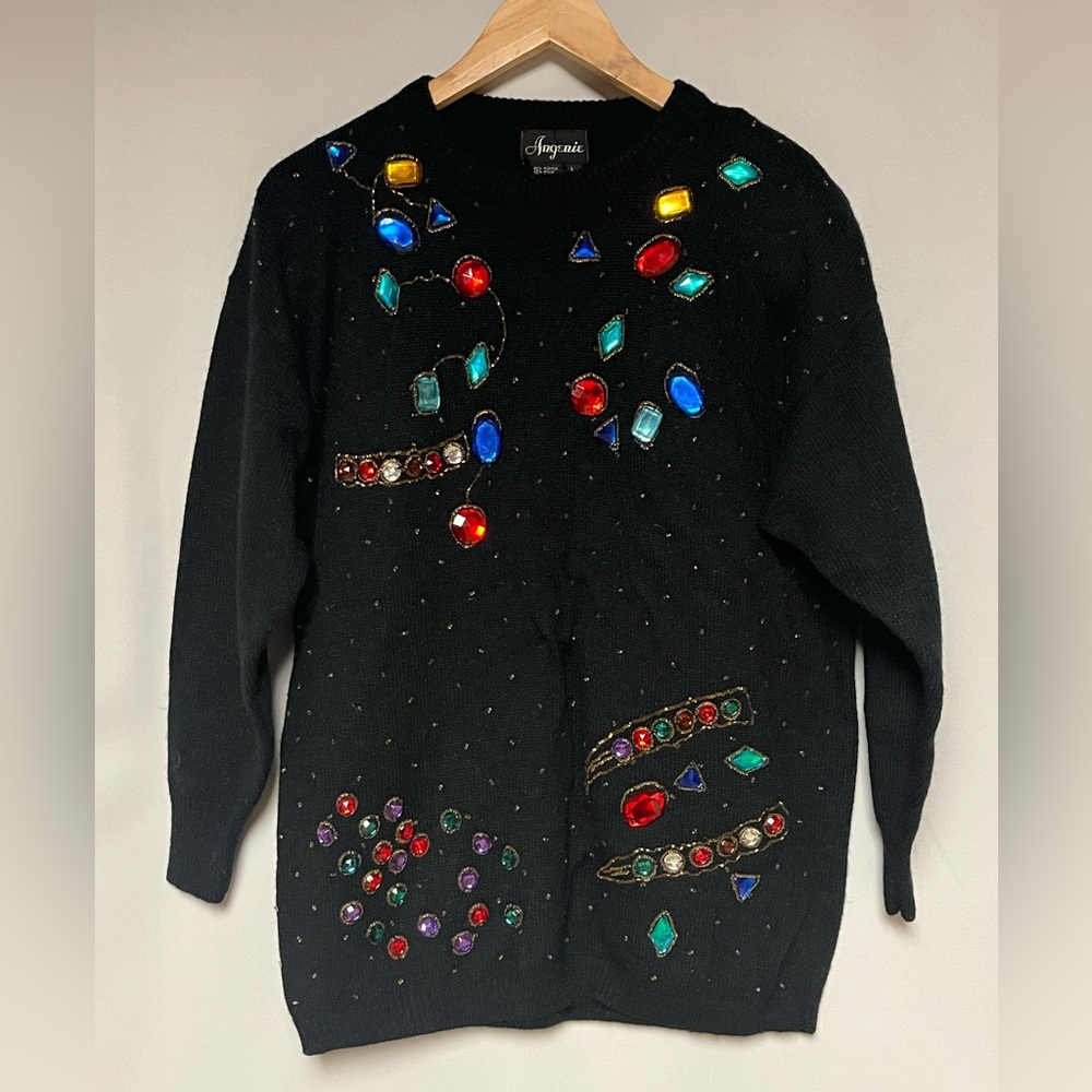 Vintage Angenie Black Sweater with Colorful Gem Accents